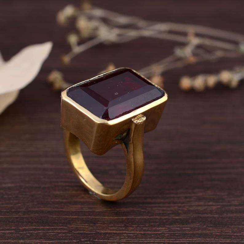 Granat Edelstein Gelbgold Ring, 925 Sterling Silber, Stapelring, Jubiläumsgeschenk Ring, Boho Ring, Geschenk für sie