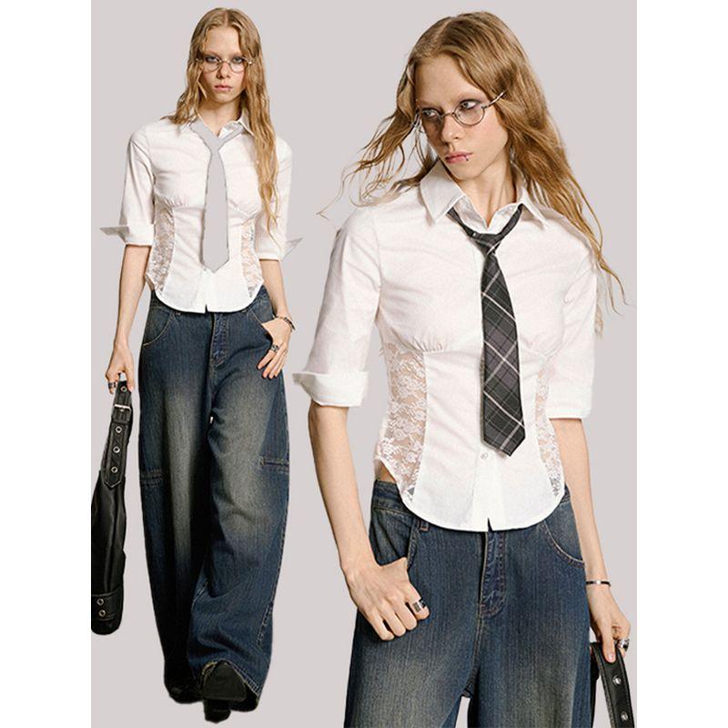 

USS Gyaru Wear Slim fit Waist Hugging Shirts Women Autumn Lace Stitching Slim fit Commuter Design Sense Lapel Top White L