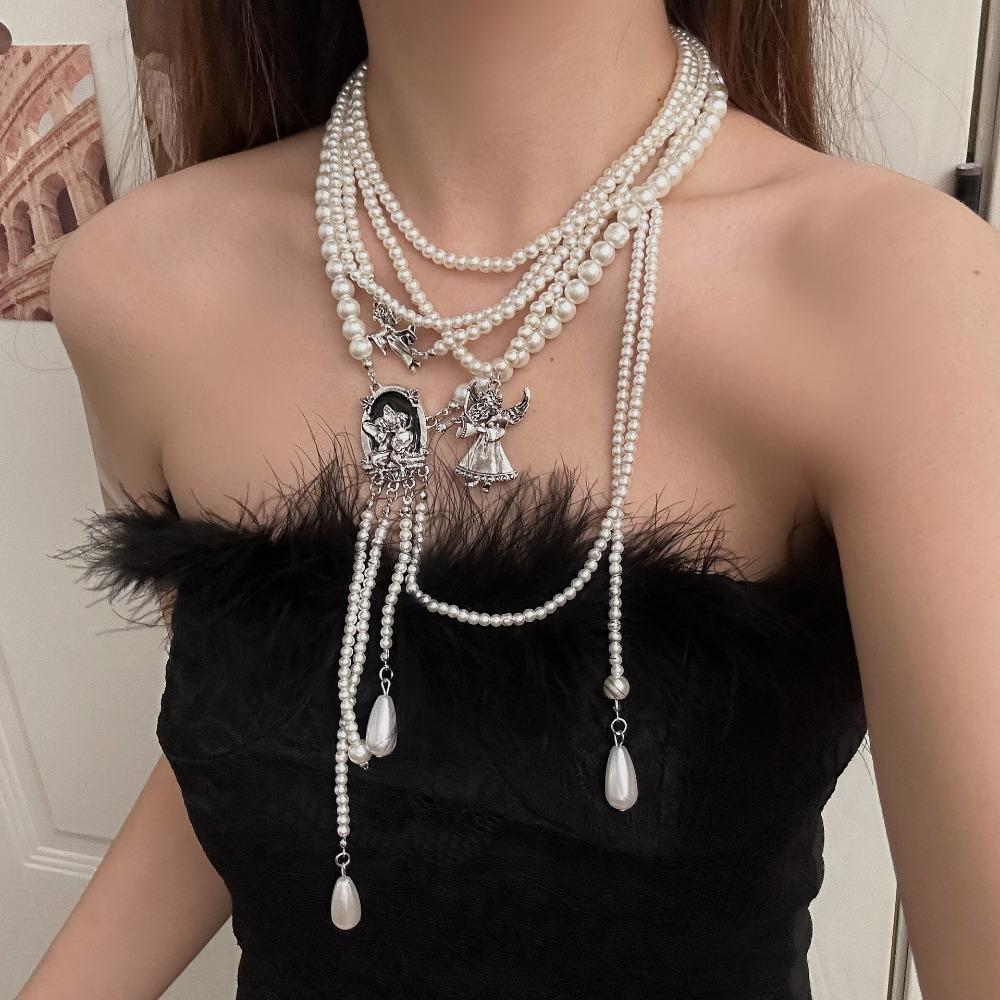 Temperament Angel Queen Multi-layer Layering Fold Wear Teardrop-shaped Tassel Imitation Pearl Beaded Necklace for Women Jewelry