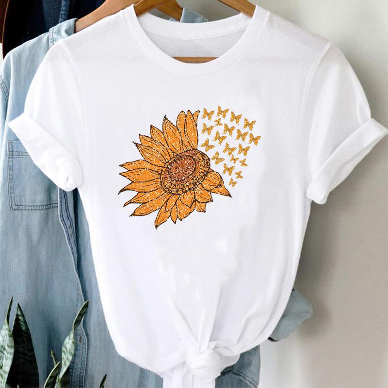 (European Size)  90s Top Fashion Short Sleeve Tee Flower Watercolor Cute Trend T-shirt Women Clothing Casual Print Lady Female Graphic T-shirt