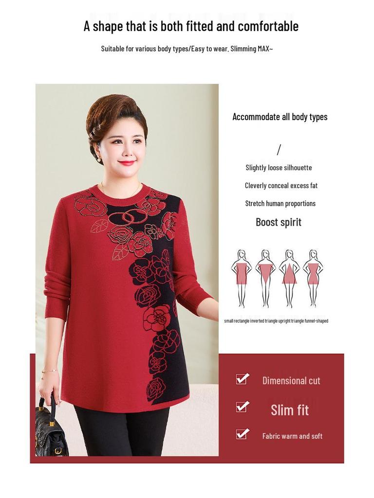 Plus Size Round Neck Wool Pullover for Overweight Middle-Aged and Elderly Women - Extra Wide Base Layer Knitwear for Autumn/Winter