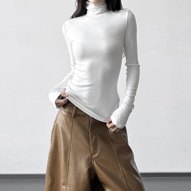 2025 Autumn/Winter Women s High Neck Puff Sleeve Slim Fit Long Sleeve T-Shirt Large белый