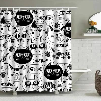 Schwarz Weiß Katze Duschvorhang Badezimmer Deko für Kätzchen Liebhaber Moderne Kunst Druck Stoff Wasserdicht Duschwand Einsatz