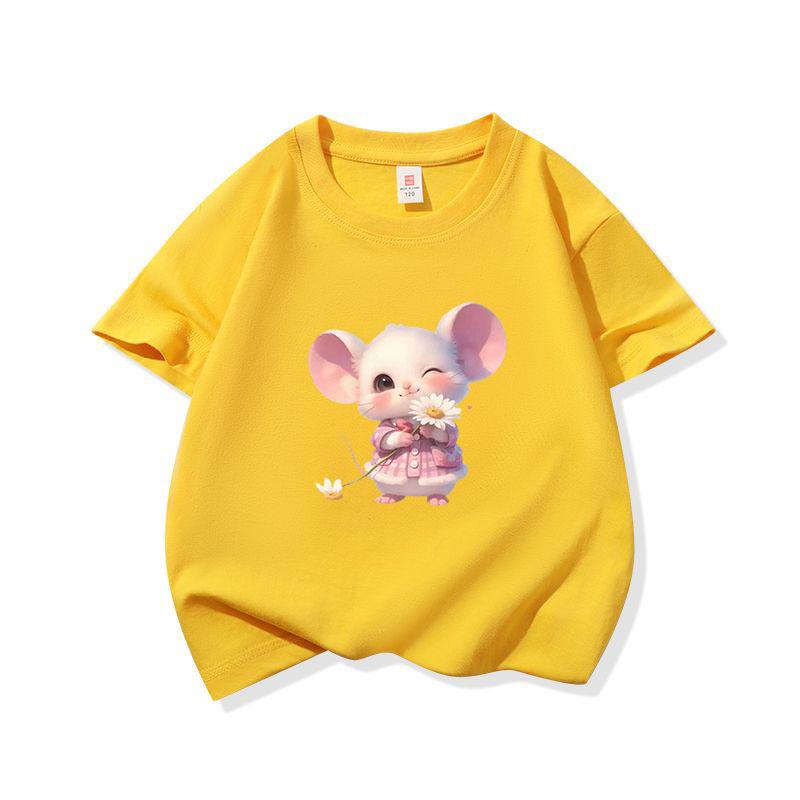Kids Cotton T Shirt Little Mouse With Daisy Flower Print Crew Neck Short Sleeve Tee Casual Boys Girls Summer Tops