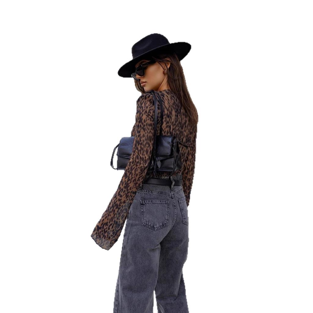 V-Neck Leopard Print Mesh Flare Sleeve Retro Slimming Long Sleeve Top