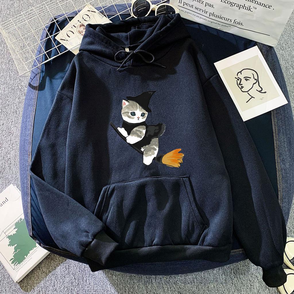European and American Autumn and Winter Witch Cat Print Hoodie Sweatshirt for Men and Women, Korean Style Casual Tops for Couples