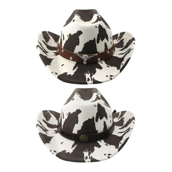 Western Cowboy Hat, Moderate Wide Brim Suede Fabric Black White Cow Print Hat with Faux Leather Band Metal Rivets, Outdoor Cycling Sun Protection Hat