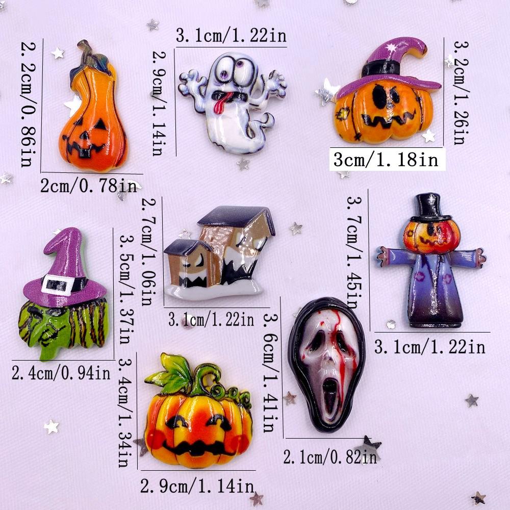 8Pcs Resin Colorful 3D Big Pumpkin Skull Head Ghosts House Witch Figurines Flat back Stone Decor DIY Halloween Scrapbooks Crafts