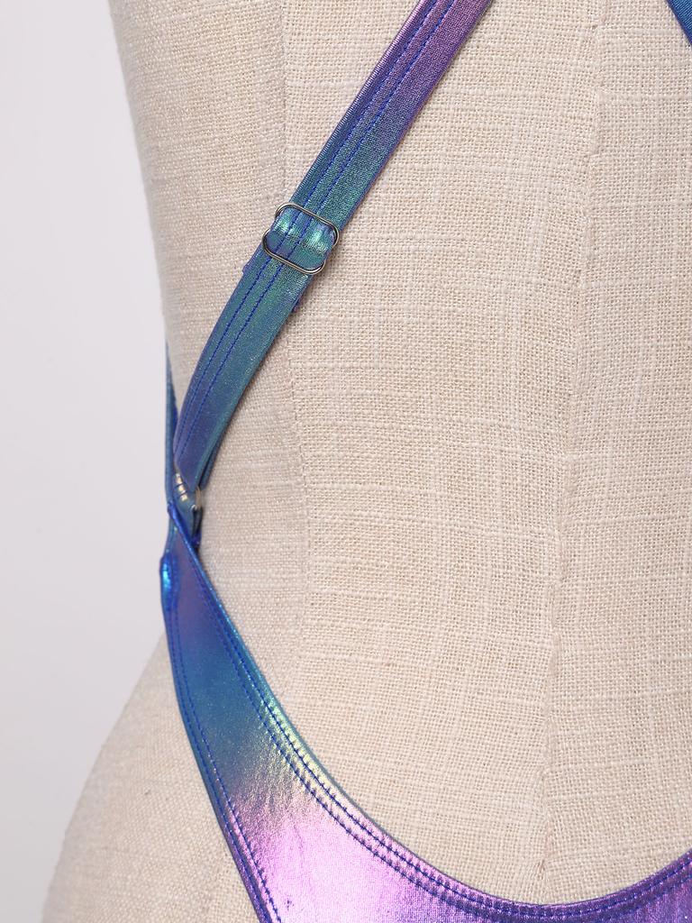 Womens Iridescent Metallic One Piece Swimsuit Chest Pads Crossing Strap Backless Bodysuit