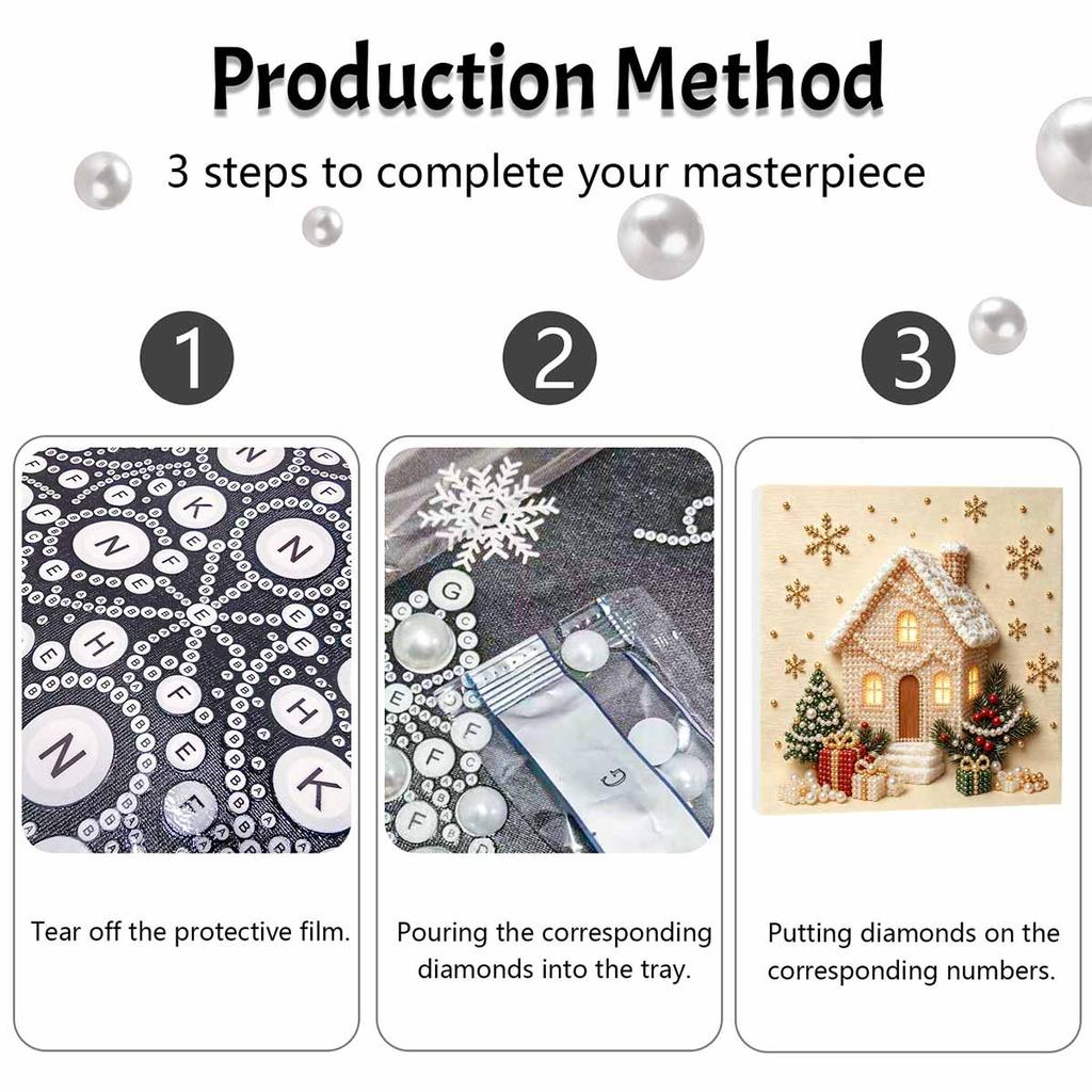Framed Pearl Bead Art Set with Winter Christmas House DIY Sparkling Canvas Painting Relaxing Hobby Gift for Meditation Room Decoration