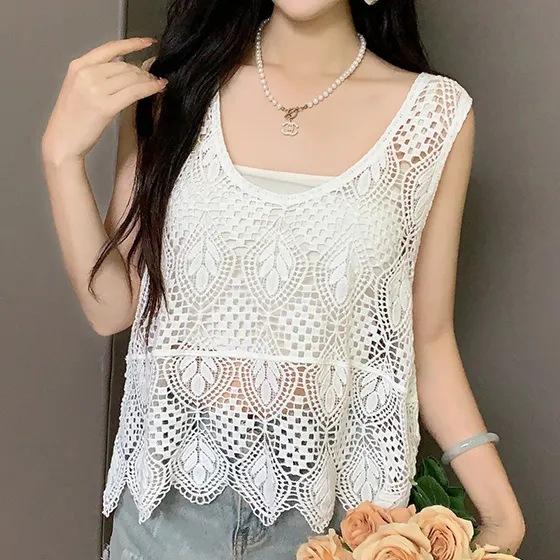 Chaleco de ganchillo de punto hueco para el verano de mujer con nuevo top de tirantes suelto bohemio sin mangas