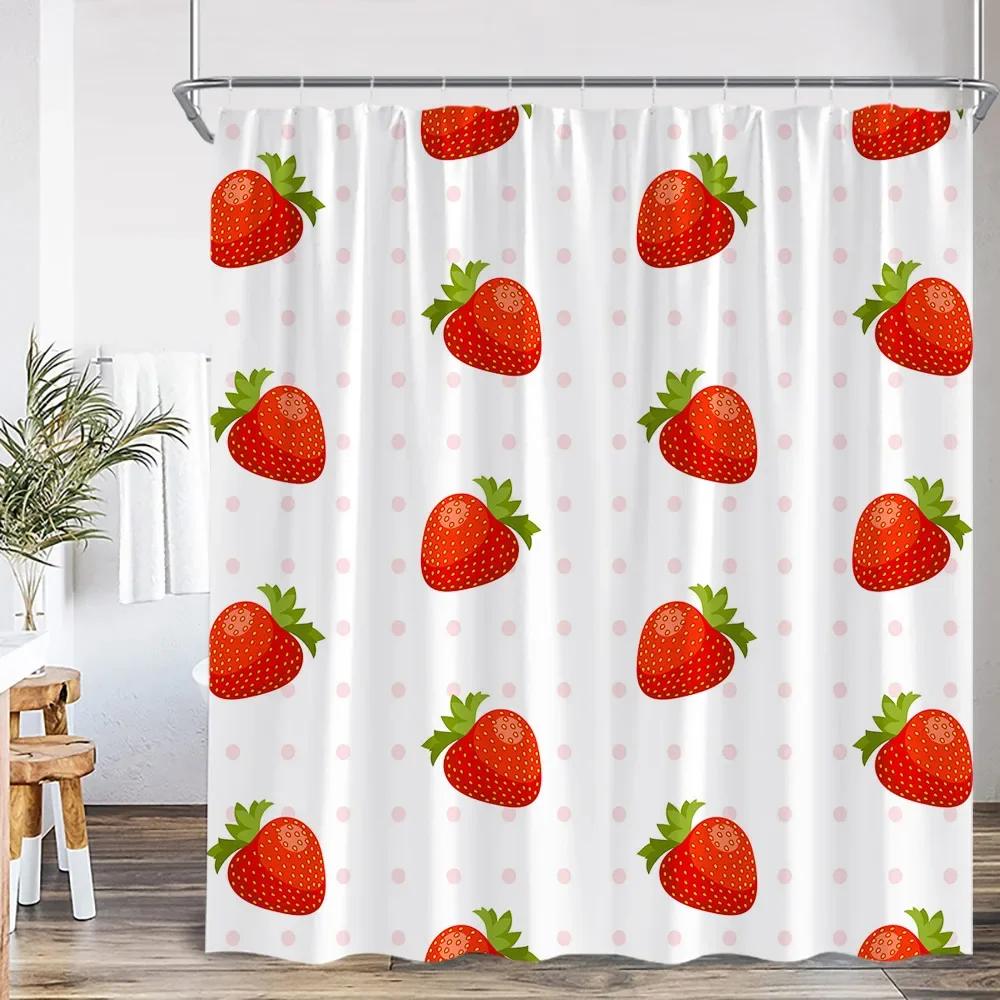 Summer Pink Fruit Shower Curtain Strawberry Cherry Peach Watermelon Shower Curtain Girl Woman Polyester Bathtub Decoration