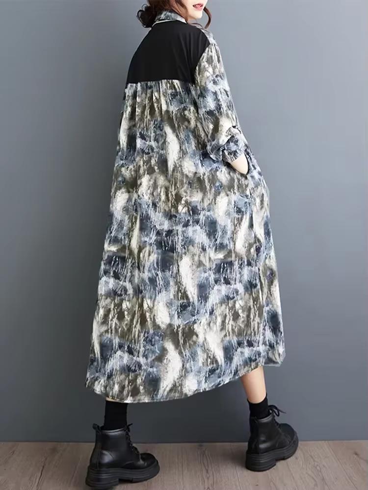 Xitao Volný potisk Patchwork Košile Šaty Ležérní Jednořadové se stahovací šňůrkou Ženy Podzim Nová Jednoduchost Temperamentní šaty DMJ4175