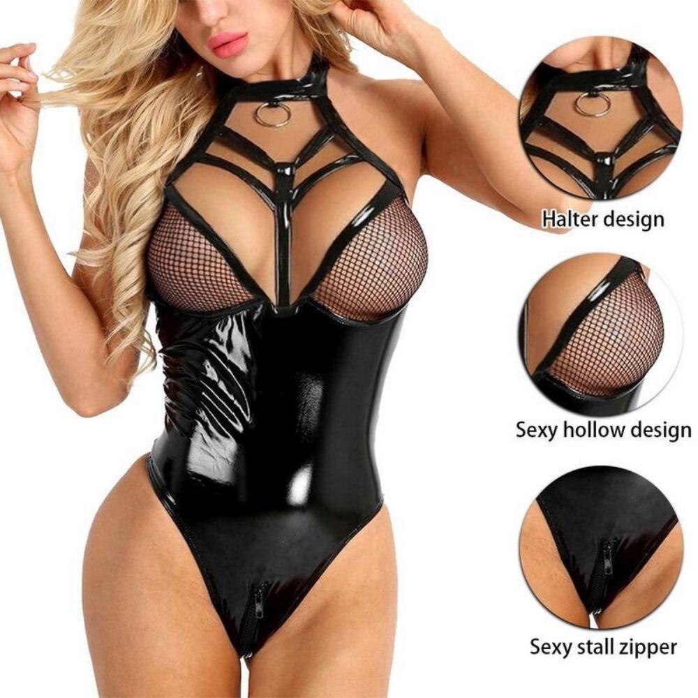 Sexy Lingerie For Women, Halter Neck Mesh Hollow Ladies Patent Leather Bodysuit