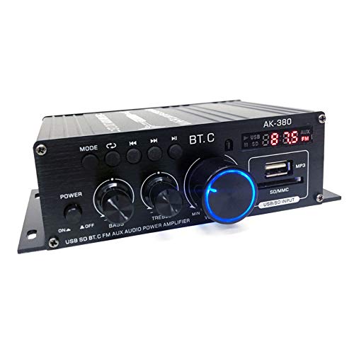 Kompakter 2-Kanal-Audioverstärker mit Bluetooth 5.0, 40W + 40W Ausgang, USB/SD-Kartenwiedergabe, Aluminiumgehäuse, Hi-Fi Stereo, 12V/2A Netzteil, Fernbedienung