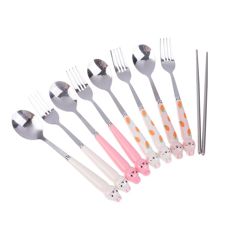 Sada nádobí s kresleným králíkem a lžící a vidličkou z nerezové oceli, hůlky, studentské přenosné nádobí, cestovní příbory s krabičkou