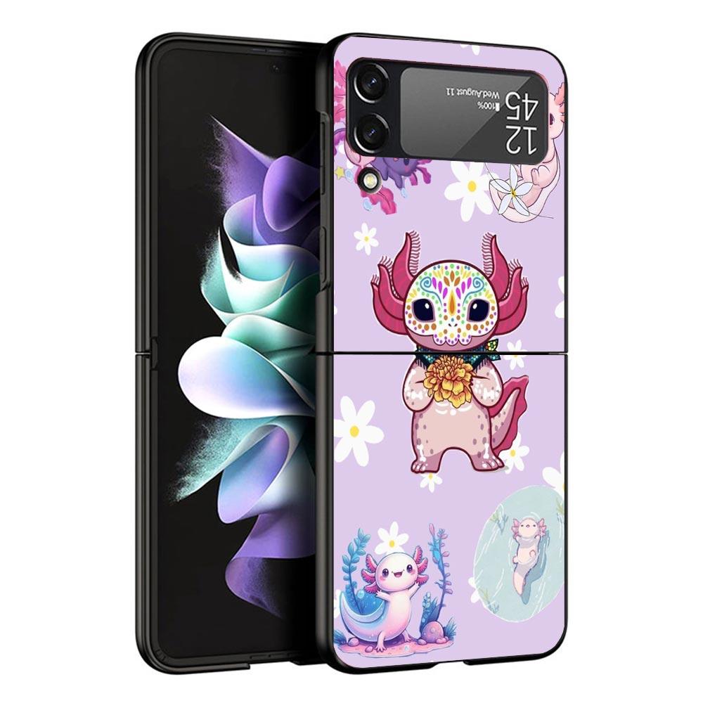Cute Axolotl Kawaii Black Phone Case For Samsung ZFlip7 ZFlip6 ZFlip5 ZFlip4 ZFlip3 5G Hard Protective Galaxy Z Flip 3 4 5 6 7