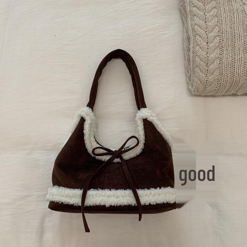 Niche Women's Lambswool Patchwork Bow Tote - Large Capacity Single Shoulder Bag 2025