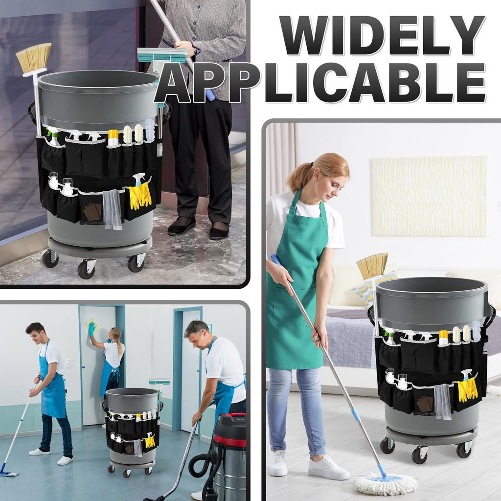 Trash Can Caddy Bag Professional Cleaning Tool Storage Bag with 13 Pockets Janitor Garbage Can Organizer for 32 to 55 Gallon Bin