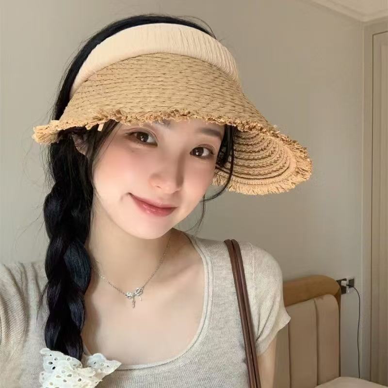 Summer Straw Woven Foldable Raffia Rough Edge Big Brim Sun Protection Hat Women's Summer Travel Shading and UV Protection