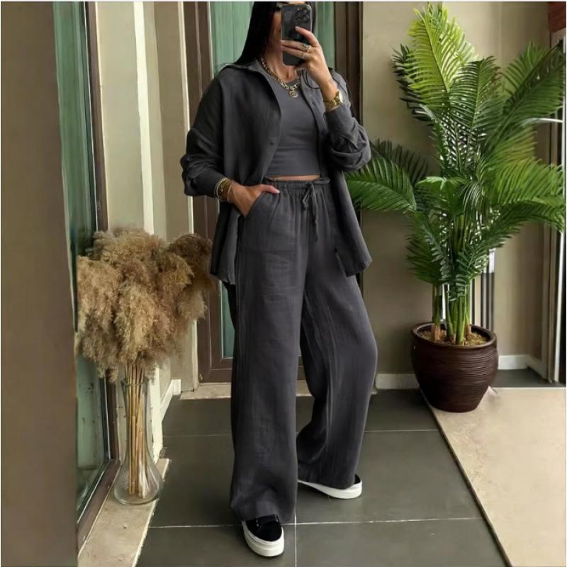 Spring Fashion Women's Plus Size Two-Piece: Linen-Style Shirt & High-Waisted Loose Pants