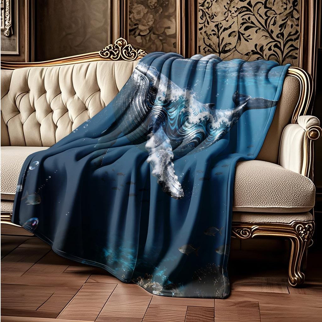 Cozy Deep Sea Whale Print Throw Blanket - Ocean Life Animal Motif Soft Lightweight Accent for Sofa Bed Travel Office Gift