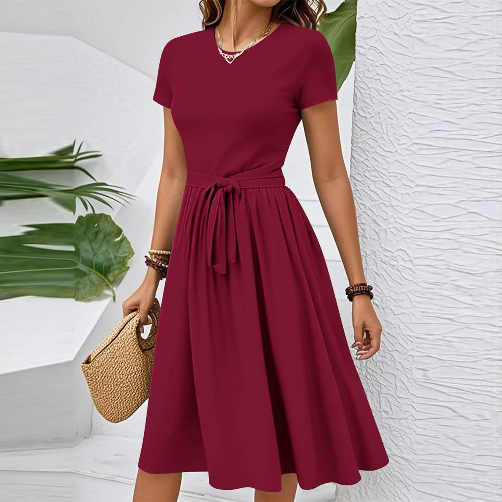 Dámské ležérní módní šaty s páskem, s květinovým potiskem, s krátkým rukávem, s kulatým výstřihem, elegantní