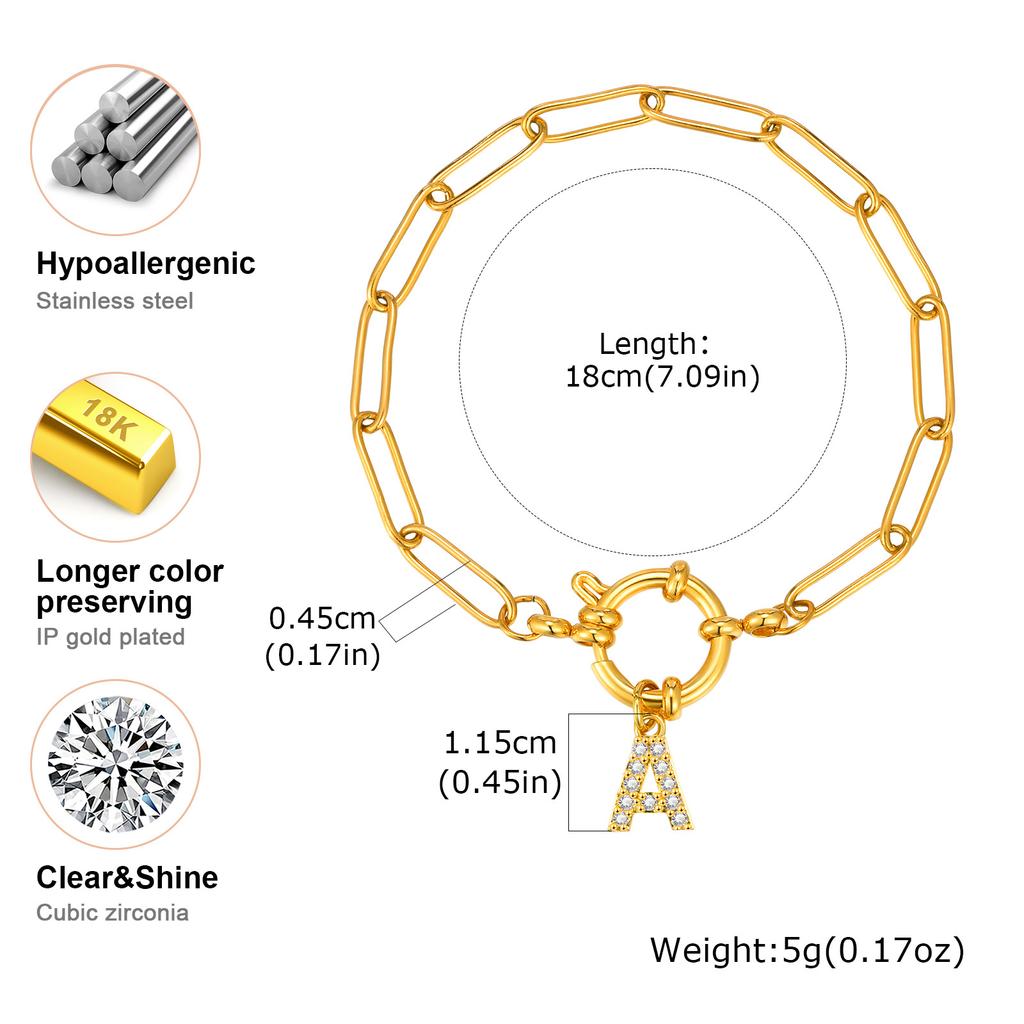 Vnox Classic Stainless Steel Paper Clip Chain Women's Bracelets,Trendy Zircon 26 Letters O-ring Pendant,Charms Back School Gifts