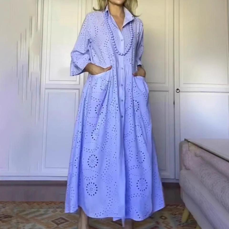 Spring and Autumn Solid-color Shirt Collar Loose Embroidered Cutout Large-sized Shirt Dress