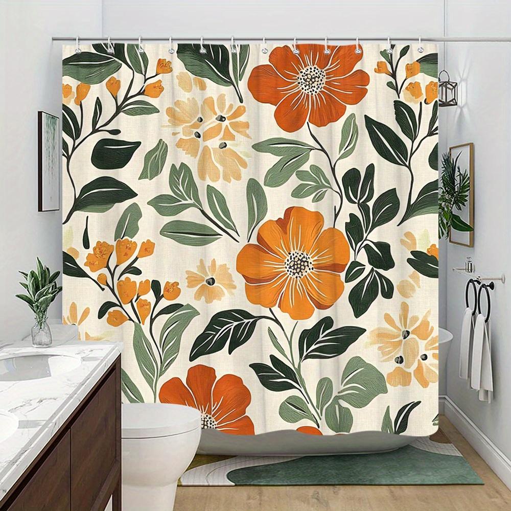 1pc Bright Orange Floral Shower Curtain -Mid-Century Modern Botanical Design with Hooks Polyester Machine Washable, for Bathroom