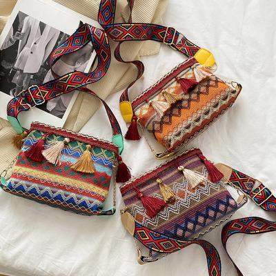 Ethnic Style Small Bag New Korean Style Fashion Crossbody Bag Wide Shoulder Strap Tassel Bag Women Ins Shoulder Bag Women