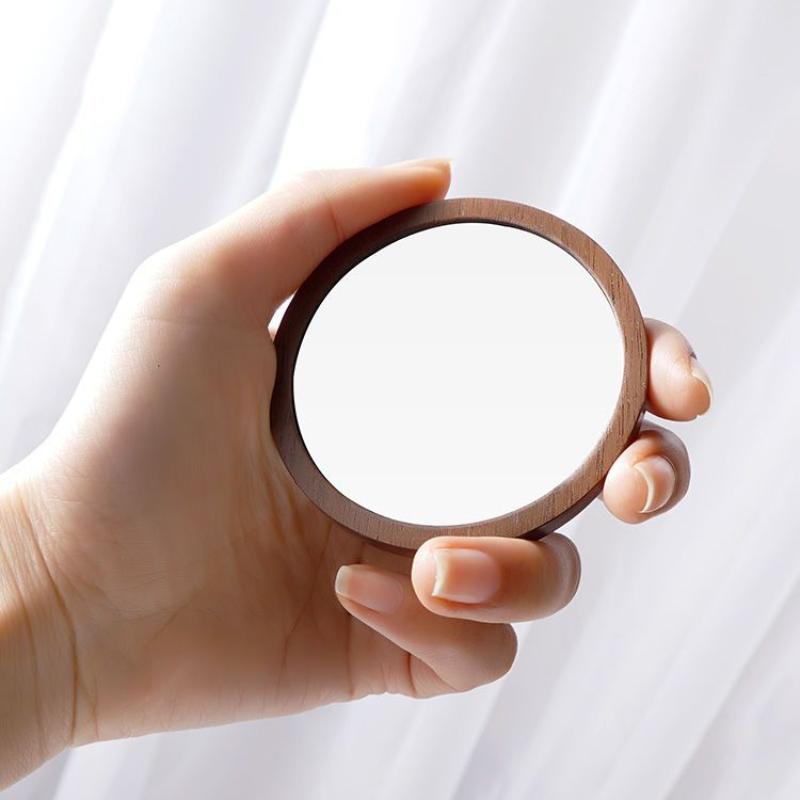 Wooden HD Handheld Mirror Portable Portable Small Mirror Slide Cover Mini and Simple Cosmetic Mirror Female Custom Creative Gift