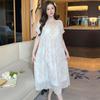 Linglei Summer Printed Lace Bow Mesh Court Princess Style Long Nightdress Pajamas Loungewear Women