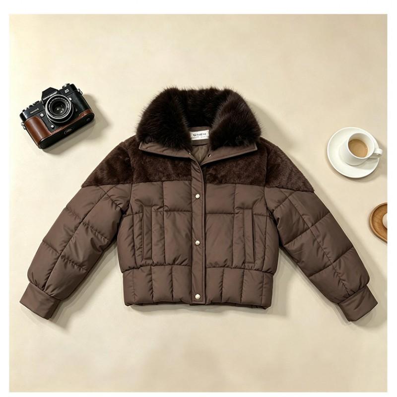 Womens Short Puffer Coat With Faux Fur Collar Loose Warm Winter Jacket In Khaki Black Beige Coffee