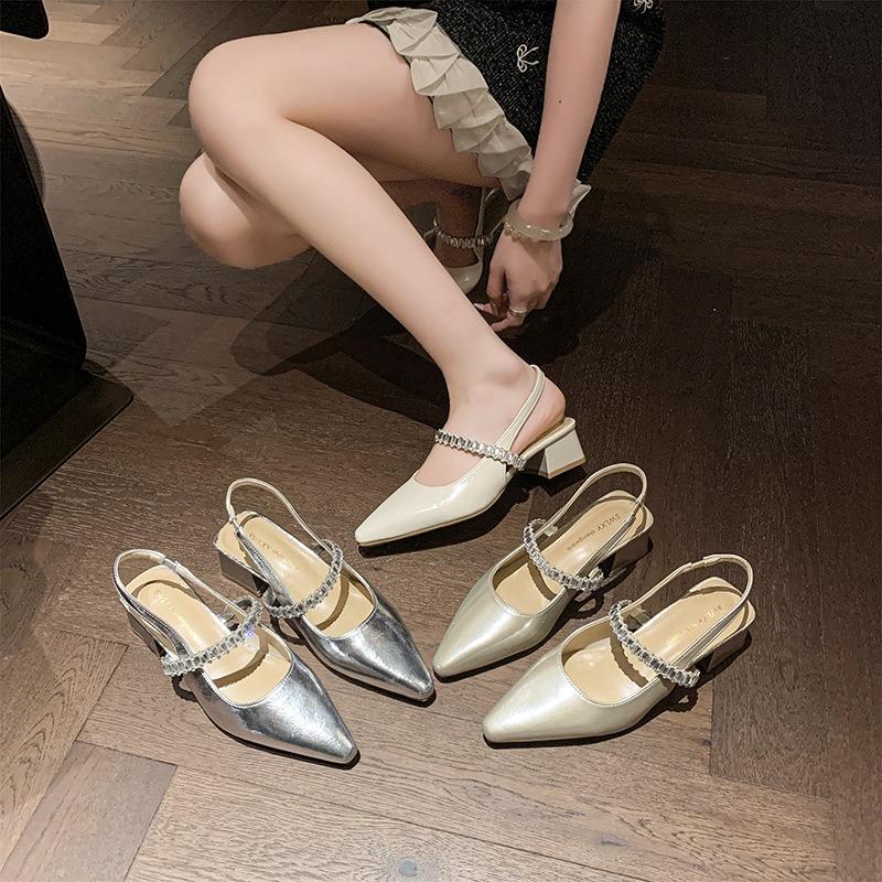 One word with rhinestone sandals women's summer new bag head half drag thick heel shoes pointed single shoes women's outer wear