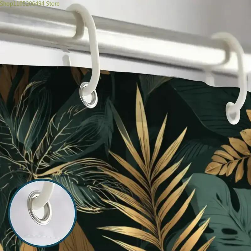 1pc Golden Green Leaf Bathroom Shower Curtain, Tropical Style, Modern Fashion Shower Curtain, Includes 12 Hooks, 180*180cm Bat