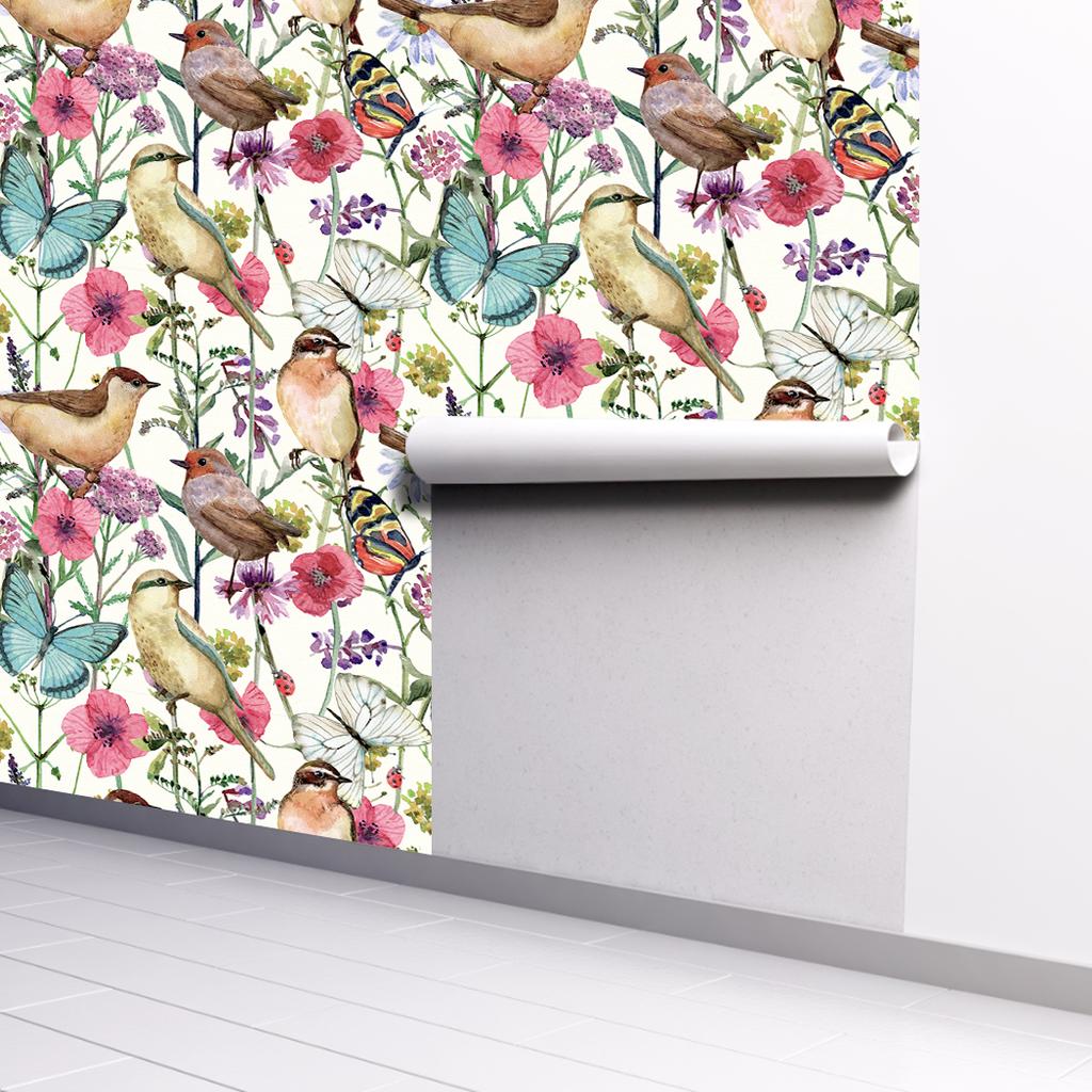 1 Stück Bunte Vögel & Schmetterlinge Abziehen und Aufkleben Tapete Vintage Floral Abnehmbar Selbstklebend Bedrucktes Papier für Heimdekoration