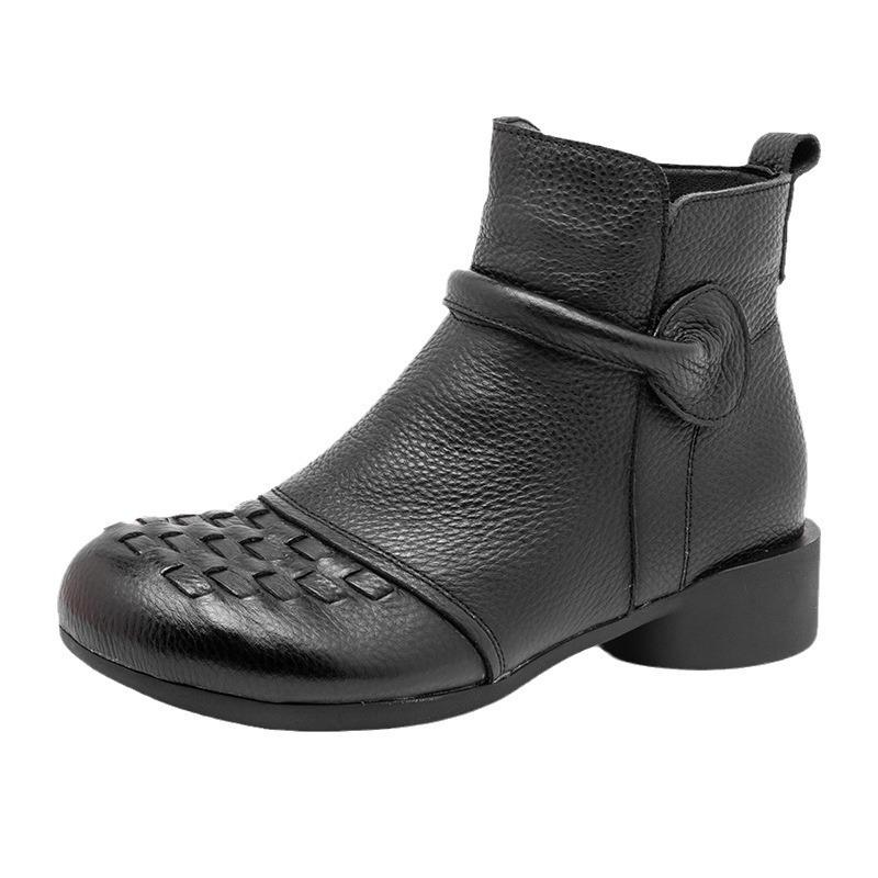 Leather warm round head mother Martin boots winter new thick heel hand-woven retro short boots women