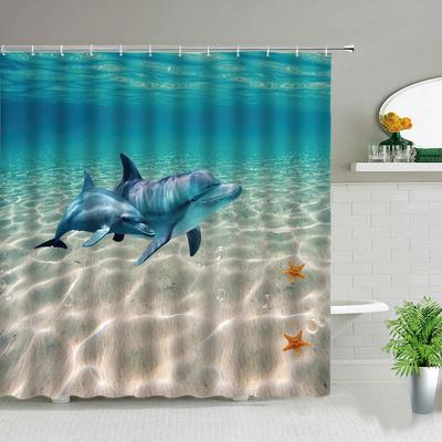 Funny Dolphin Shower Curtains Cute Ocean Animal Blue Sea Water Sea Wave Scenery Bathroom Decor Cloth Hanging Curtain with Hooks