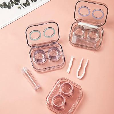 Kleine Kontaktlinsenbehälter aus Kunststoff, einfache ovale, transparente, tragbare Kontaktlinsenbehälter-Box mit Pinzetten-Entferner-Werkzeug
