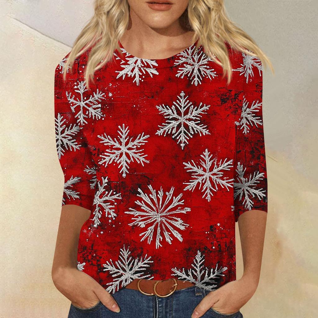 Women's Fashion Casual Seven Sleeve Christmas Printed Round Neck Top