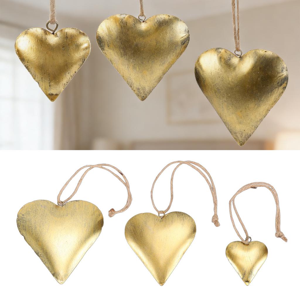 3Pcs Heart Shaped Decorative   3D Metal Brass Vintage Hanging Ornament Valentine Day Decoration Wall Art with Rope for Home Indoor Outdoor