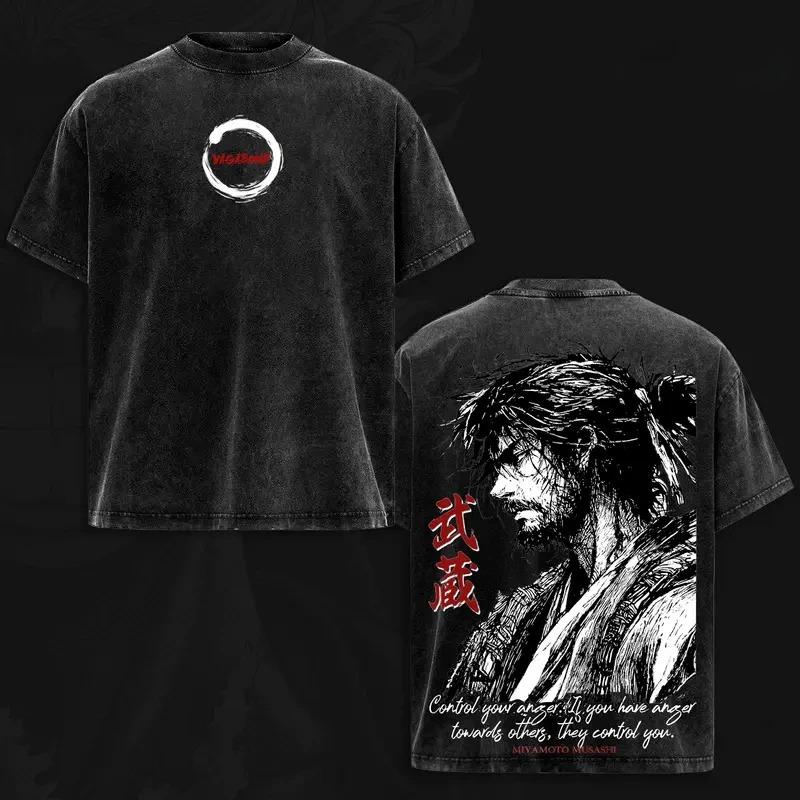 Miyamoto Musashi Samurai  Control Your Anger  Quote Vintage Acid Washed Double Sided Oversized Streetwear Japanese Samurai Graphic T-Shirt Top L
