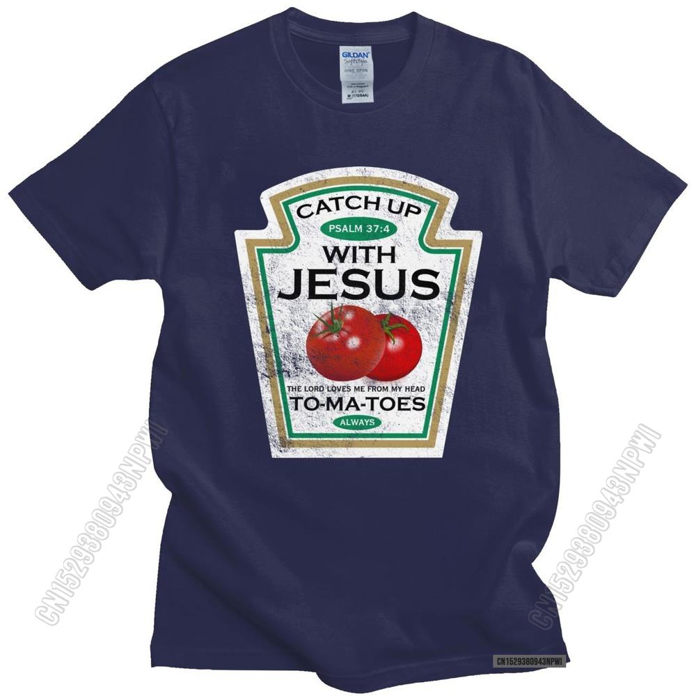 Lustiges Catch Up With Jesus T-Shirt Herren Vintage Vegan Tomaten T-Shirt Christliches Geschenk Veganismus O-Ausschnitt Baumwoll-T-Shirt Merchandise