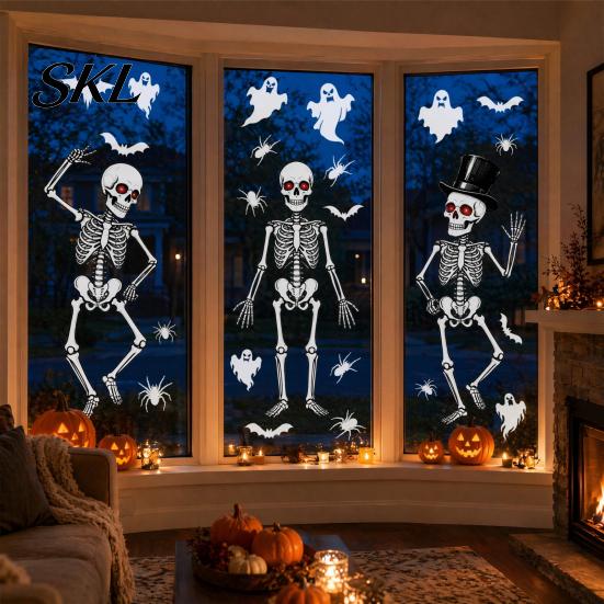 Wear-resistant Glass Cling 3Pcs Halloween Skeleton Stickers, Waterproof PVC Window Clings, Static Decals, Durable Removable Stickers for Home