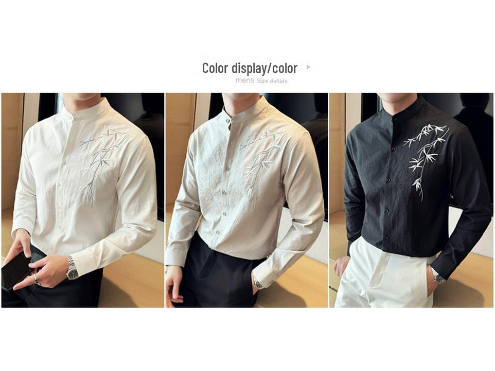 Men's Chinese-Style Embroidered Stand Collar Long Sleeve Shirt