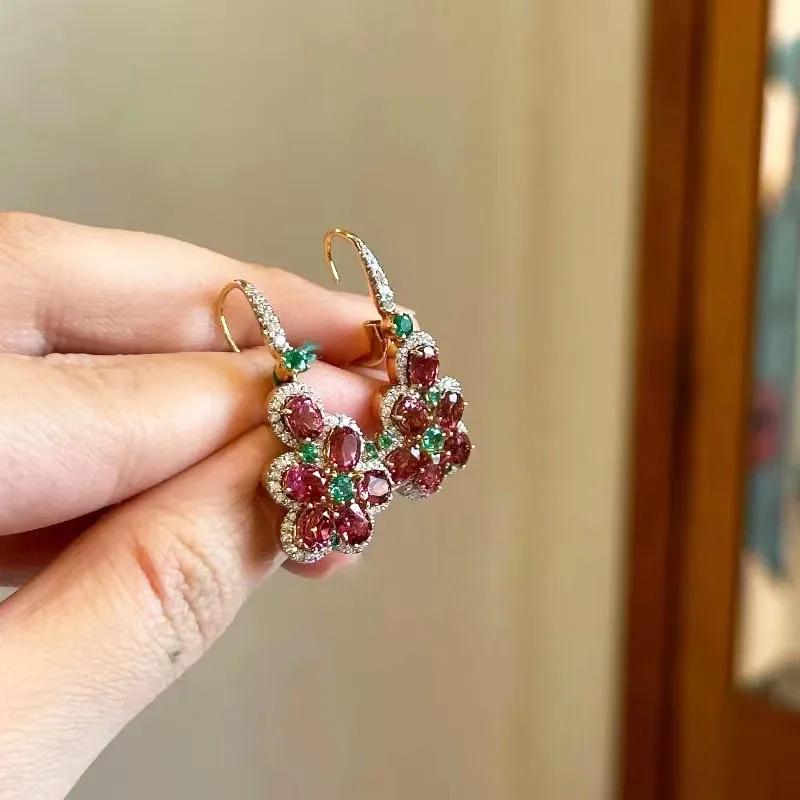 Sladké Oslnivé Pastorační Styl Okázalé Červené Drahokam Květinové Náušnice pro Ženy Prsteny Malé Vynikající Náušnice Svatební šperkový set