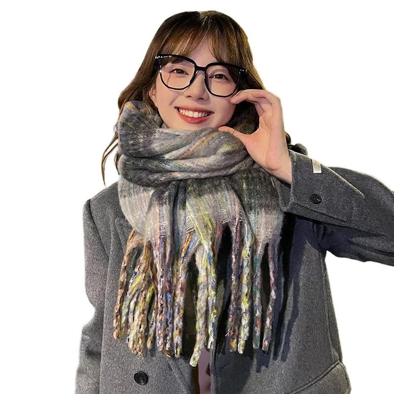 Chic Design Plaid Mohair Scarf Women Korean Version Streetstyle Imitation Cashmere Muffler Female Warm Soft Thick Shawl Ladies