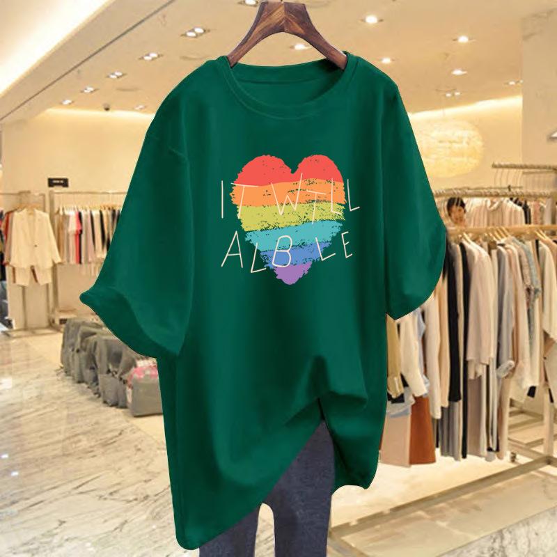 

Women s Summer Love Letter Print Casual Loose Round Neck Tee M зелений