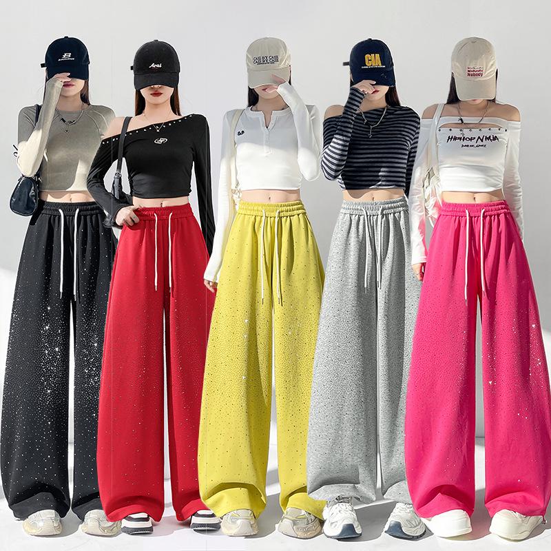 Pantalon de survêtement décontracté large à jambes évasées pour femme, résistant, avec strass, pour le printemps et l'automne